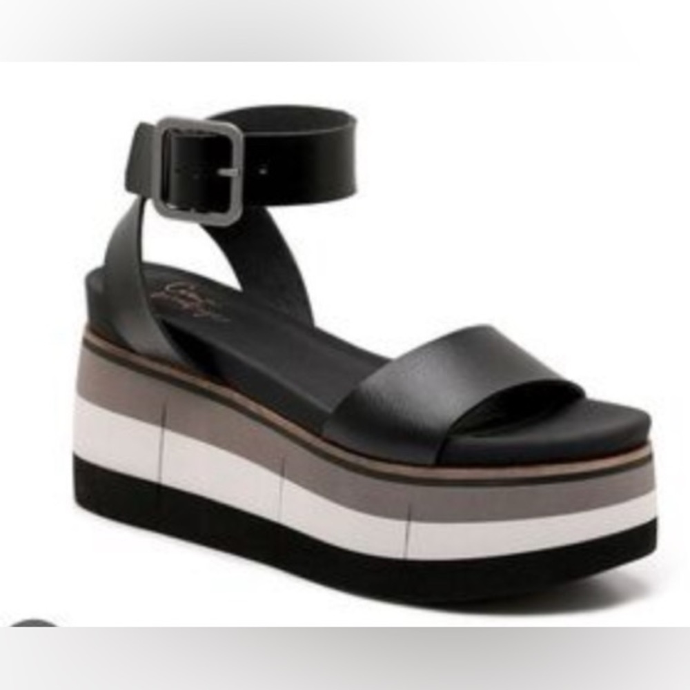 CROWN VINTAGE Katana Ankle Cross Strap Black Platform Stripe Bottom Sandals